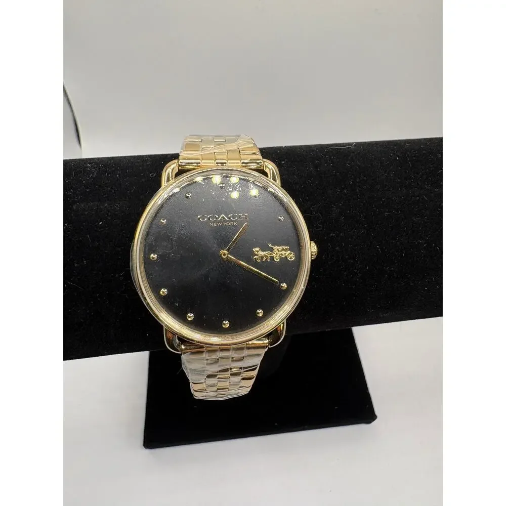 Coach Elliot Women Watch Gold Ip Black Dial Crystal Markers Nwt 14504291 Gold